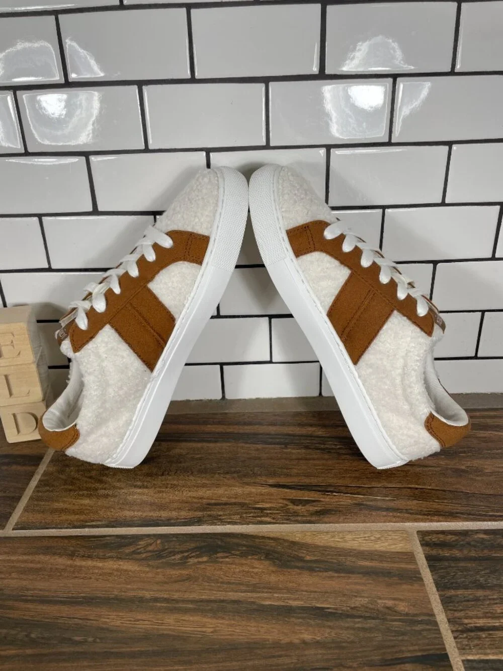 J. Crew Factory Striped Sherpa Road Trip Shoes Womens 7.5 White Brown Sneakers